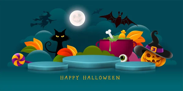 Halloween Mystiska Turkos Reklam Banner Design Mall Med Produkt Display — Stock vektor