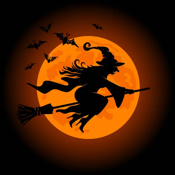 Halloween Design Element Silueta Staré Čarodějnice Letící Koštěti Hejnem Netopýrů — Stockový vektor