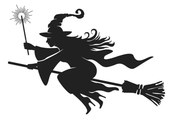 万圣节设计元素 年轻漂亮女巫用扫帚棒飞舞的轮廓 手里拿着魔杖 被白色背景隔离 矢量说明 — 图库矢量图片