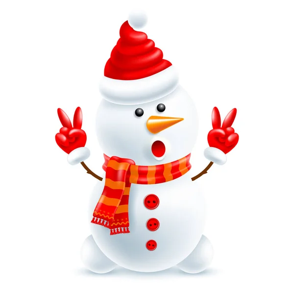 サンタの帽子とニットの冬のスカーフでかわいいと面白いキャラクターの雪だるまは ジェスチャーの勝利や平和の兆候を示しています 3Dベクトル図 — ストックベクタ