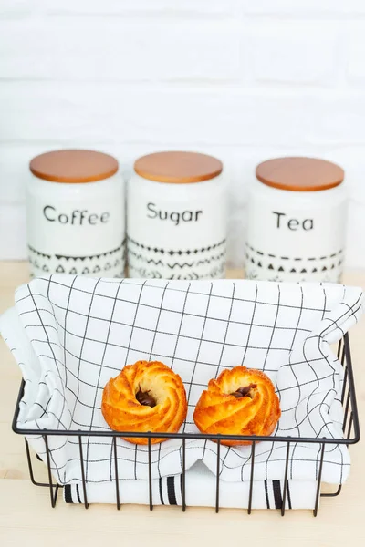 Two Cupcakes Background Checkered Napkin Basket Pastries Breakfast Tea Homemade — Stock Photo, Image