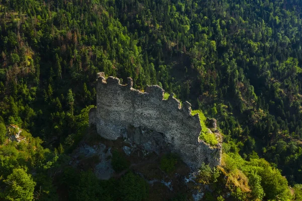 佐治亚州旅游胜地博尔热米山中一座古堡的遗迹 佐治亚州一座被毁的古城堡夏季绿色山脉及斜坡的空中景观 — 图库照片