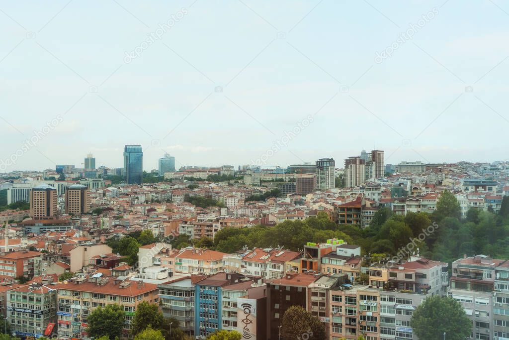 Panorama view of the Besiktas district of Istanbul from a bird's eye view from the air.  View from the window of the Konrad Istanbul Bosphorus Hotel.