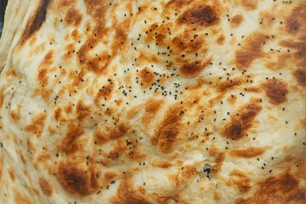 Turkish Traditional Bread Black Sesame Seeds Cumin Pide Tortilla Close — Stok Foto