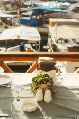 The potted plant is Rowley's Crossbill Senecio rowleyanus in the table setting. Serving a wedding table in a restaurant with natural plants in a pot. Table in a cafe by the sea close-up