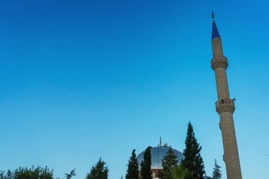 Türkiye 'de bir caminin çatısındaki leylekler. Tapınağın kubbesindeki leylek yuvası
