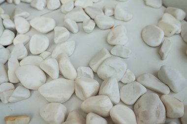 white river pebbles on a white background. small white stones on a white sheet of paper.