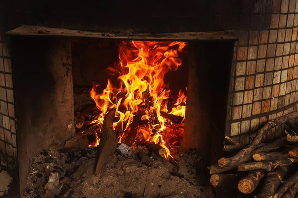 fire in the stove in tashkent. wood fire in plov center of uzbekistan