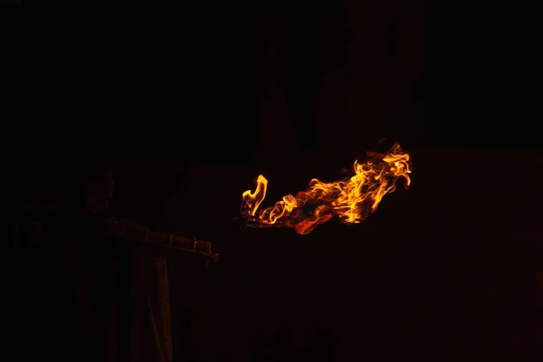 Orange Fire Homemade Flamethrower Burning Kerosene Pressure Burning Torch Hand — Stock Photo, Image