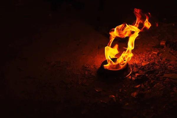 Orange Fire Dark Background Burning Kerosene Iron Plate Burning Torch — Photo