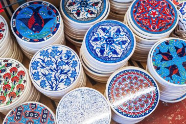 national products of Cypriots from ceramics in cyprus. handicrafts for tourists in cyprus. ceramics painted with colored paints on the market