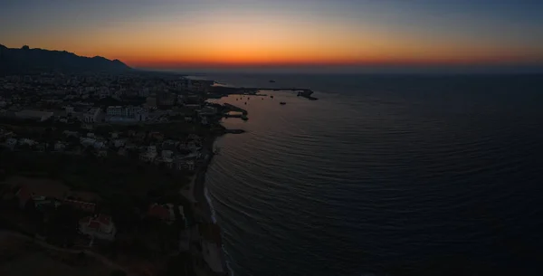 sunset on the skyline of cyprus. drone photography of sunset at sea. seeing off the sun in cyprus