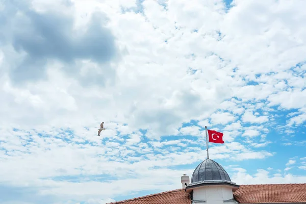 Binada Kırmızı Hindi Bayrağı Var Evin Kubbesinde Yıldız Hilal Olan — Stok fotoğraf