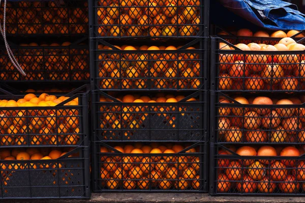 Delivery Fresh Oranges Boxes Store Plastic Boxes Citrus Fruits Texture — Stock Photo, Image