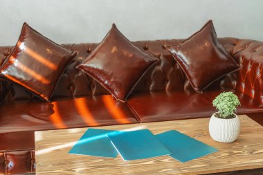Hindi ofisindeki kahverengi deri kanepe. Ofiste müşteri kabul edebileceğin bir yer. Kanepeli oturma alanı