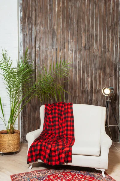 Light Sofa Red Plaid Wooden Wall Beige Sofa Classic Room — Stock Photo, Image