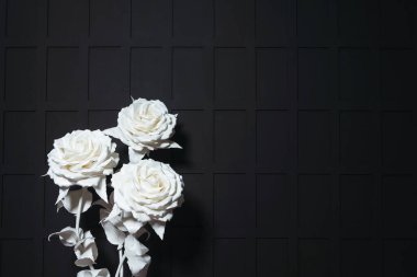 Siyah arka planda beyaz, dev, yapay güller. Bir fotoğraf stüdyosundaki siyah bir duvarın arka planındaki plastik büyük çiçekler. Gotik stil düğün fotoğrafı bölgesi