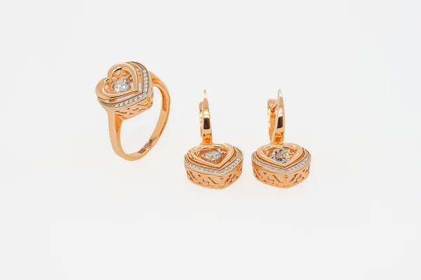 Set Gold Jewelry White Background Set Earrings Rings Light Background — Stock Photo, Image