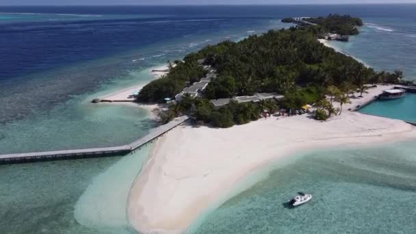 熱帯のパラダイスエキゾチックな島湾の空中ドローンビデオ石灰岩の木に覆われた石灰岩の湾で 豪華なヨットやカリブ海の目的地の帆船が訪れるエメラルドクリスタルのビーチ — ストック動画