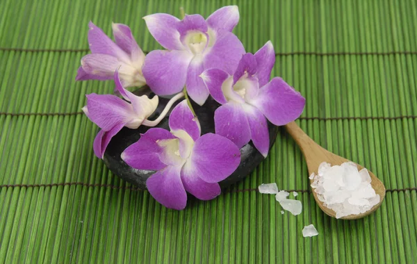 Beautiful orchid with stones on green mat — Stock Photo, Image