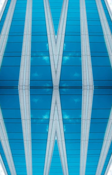 Onderzijde Panoramisch Perspectief Uitzicht Staal Blauw Glas Hoogbouw Wolkenkrabbers Business — Stockfoto