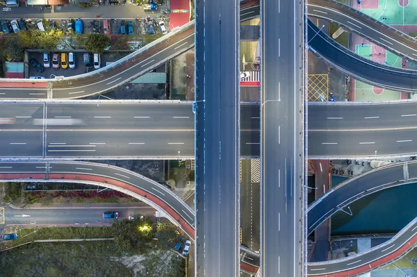 Traffic concept image, traffic circle roundabout birds eye night view use the drone in Taipei, Taiwan.