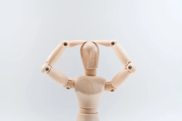 Wooden Dummy Proudly Presents Some Invisible Thing Isolated White Background Stock Photo