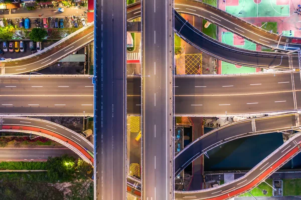 Traffic concept image, traffic circle roundabout birds eye night view use the drone in Taipei, Taiwan.