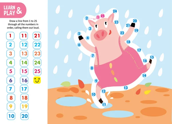 Rysunek świnia w Rain Game Samouczek Hippo Printable Arkusz. — Wektor stockowy