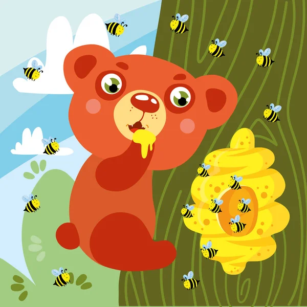 熊和蜜蜂在树有趣的孩子图形说明 自然背景下的熊和蜜蜂吉祥物 森林平面卡通矢量绘图中的简单彩色熊 — 图库矢量图片#