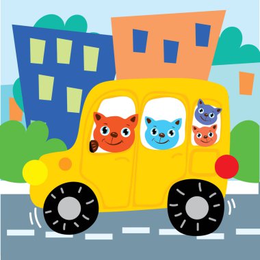 Cat Friends, City Road Illustration 'da arabaya biniyor. Sarı Taksi Aracı 'nda Mutlu Bebek Karakterleri Sürüşü. Yavru kedi arkaplanı için çocuksu otomobil çizimi. Düz Çizgi film Vektör İllüstrasyonu