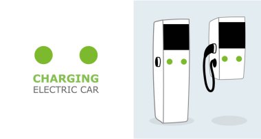 Elektrikli araba afişi için şarj istasyonu ekipmanları. Yaratıcı logoya iki yeşil daire çizilmiş. Ekoloji Taşımacılığı için Yenilenebilir Güç Kaynakları. Elektro Araç Altyapısı 3d Çizgi film Vektör İllüstrasyonu