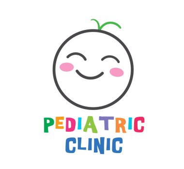 Logo Pediyatri Kliniğinde Gülümseyen Yeni Doğan Çocuk. Gül Yanaklı Şirin Mutlu Küçük Çocuk ve Amblemde Çok Renkli Mektup. Reklamcılık Çocuk Hastanesi ve Tedavi Düz Vektör İllüstrasyonu