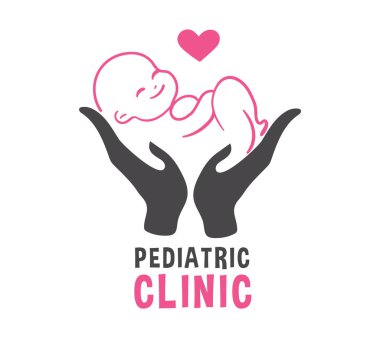 El ve Kalp 'te yeni doğan çocuk pediatrik klinik logosu. Yaratıcı Pazarlama Amblemine Uyuyan Küçük Bebek Kol Tutma. Modern Reklamcılık Çocuk Hastanesi Yassı Vektör İllüstrasyonu