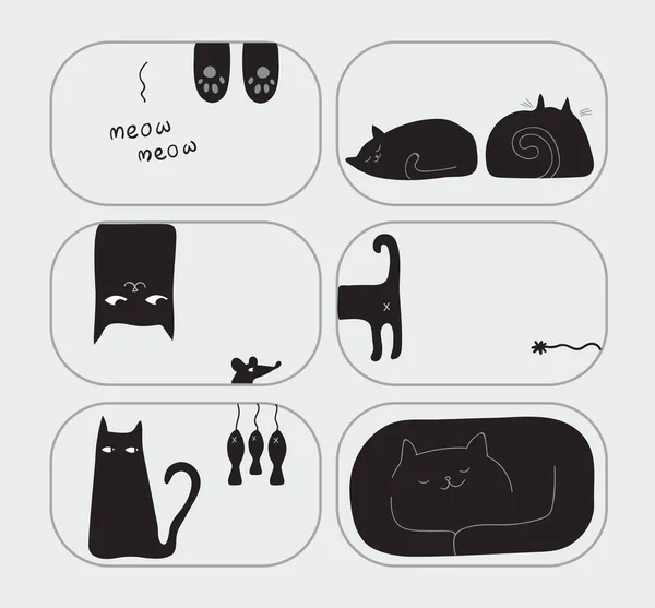 Negro Lindo Gato Carácter Dibujado Conjunto Ilustración Bosquejo Gráfico Kitty — Vector de stock
