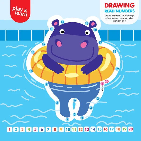 Drawing Game Tutorial Hippo Printable Worksheet Учитесь Играйте Урок Детей — стоковый вектор
