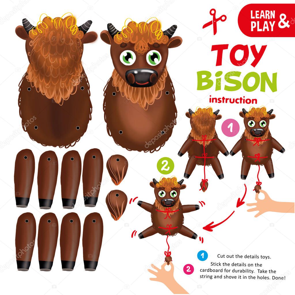 Education paper toy for preschool kid. Follow instructions collect african bison. Game for children. Illustration of cartoon buffalo. African animal wildlife. Play and learn. for children magazine