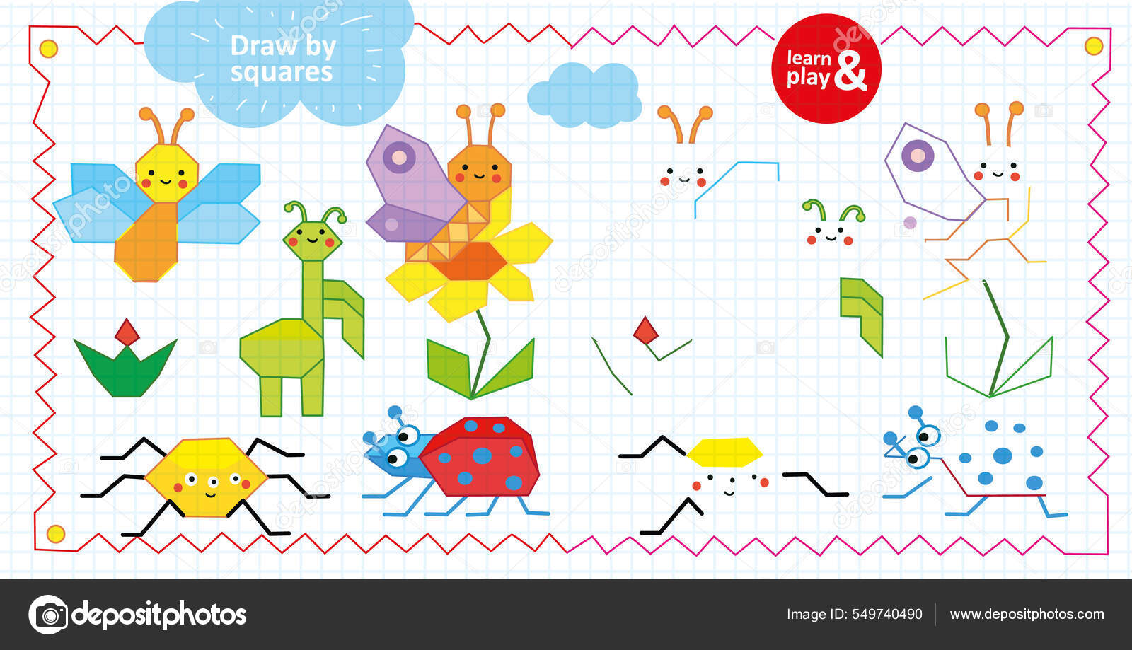 给孩子们画正方形的游戏昆虫和花朵从正方形的样品上看所有昆虫都是用所需的彩色铅笔画的矢量手绘游戏训练学习和游戏, image size:1600x919