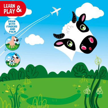 Çocuklar için geliştirme eğitimi oyunu. İneği boyamayı bitirmek için parmaklarını ve avuç içini kullan. İpuçlarına bak ve eksik elementleri çiz. Vektör el çizimi illüstrasyon görevi. Öğren ve oyna.
