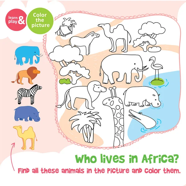 Colorir Amimals Jogo África Zebra Camelo Crocodilo Hipopótamo Leão Elefante — Vetor de Stock