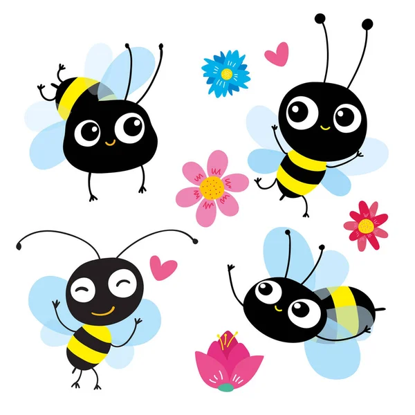 Soubor Čtyř Kreslených Včel Pohybu Každá Včela Odráží Jiné Emoce — Stockový vektor