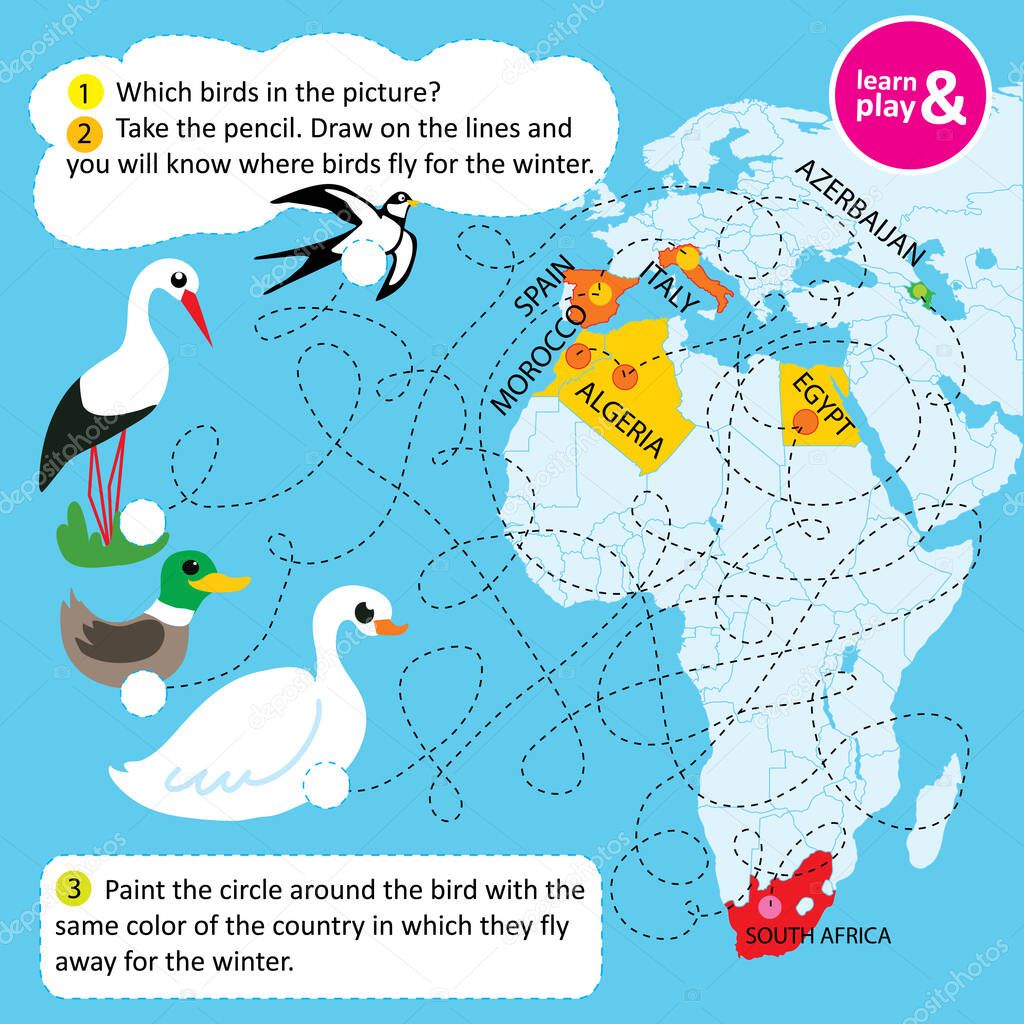 Educational task for children. Name birds in picture. Following dotted line you will know what countries birds fly away for wintering. Learn and play picture. Vector isolated illustration. Hand draw