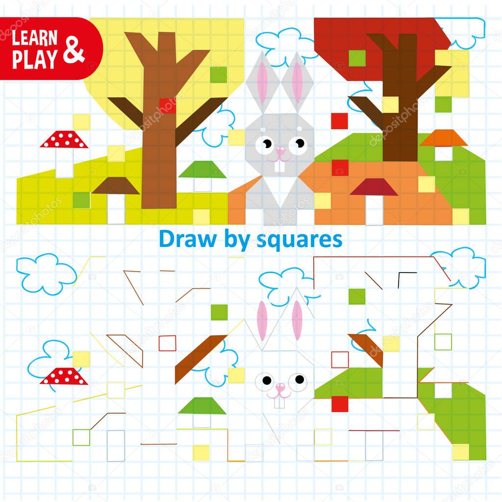 Educational game for kids to develop color perception and abstract thinking. Draw by squares. Gray hare in autumn forest. Play and learn. Vector illustration. Hand draw. Coloring. Game for children.