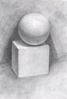 Pencil drawing of a cube and sphere clipart