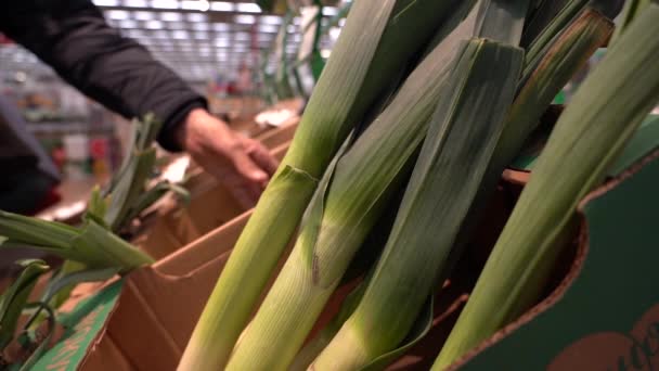 Puerros en el primer plano del supermercado. Shopper recoge un delicioso ingrediente fresco para cocinar — Vídeo de stock