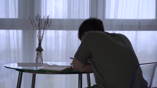 En man hemma vid sitt skrivbord vid fönstret antecknar — Stockvideo