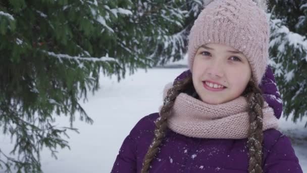 Retrato de una adolescente feliz en un parque nevado — Vídeo de stock