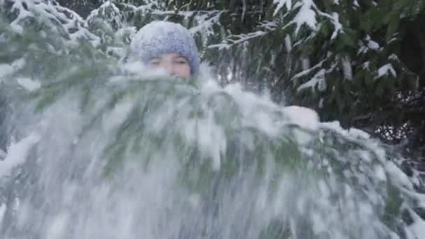 Porträtt av en lycklig, blåögd tonåring i en snöig park — Stockvideo