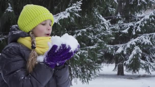 En glad tonårstjej blåser på snön, har kul i en vinterpark — Stockvideo