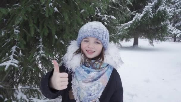 Portret szczęśliwej, niebieskookiej nastolatki w zaśnieżonym parku — Wideo stockowe